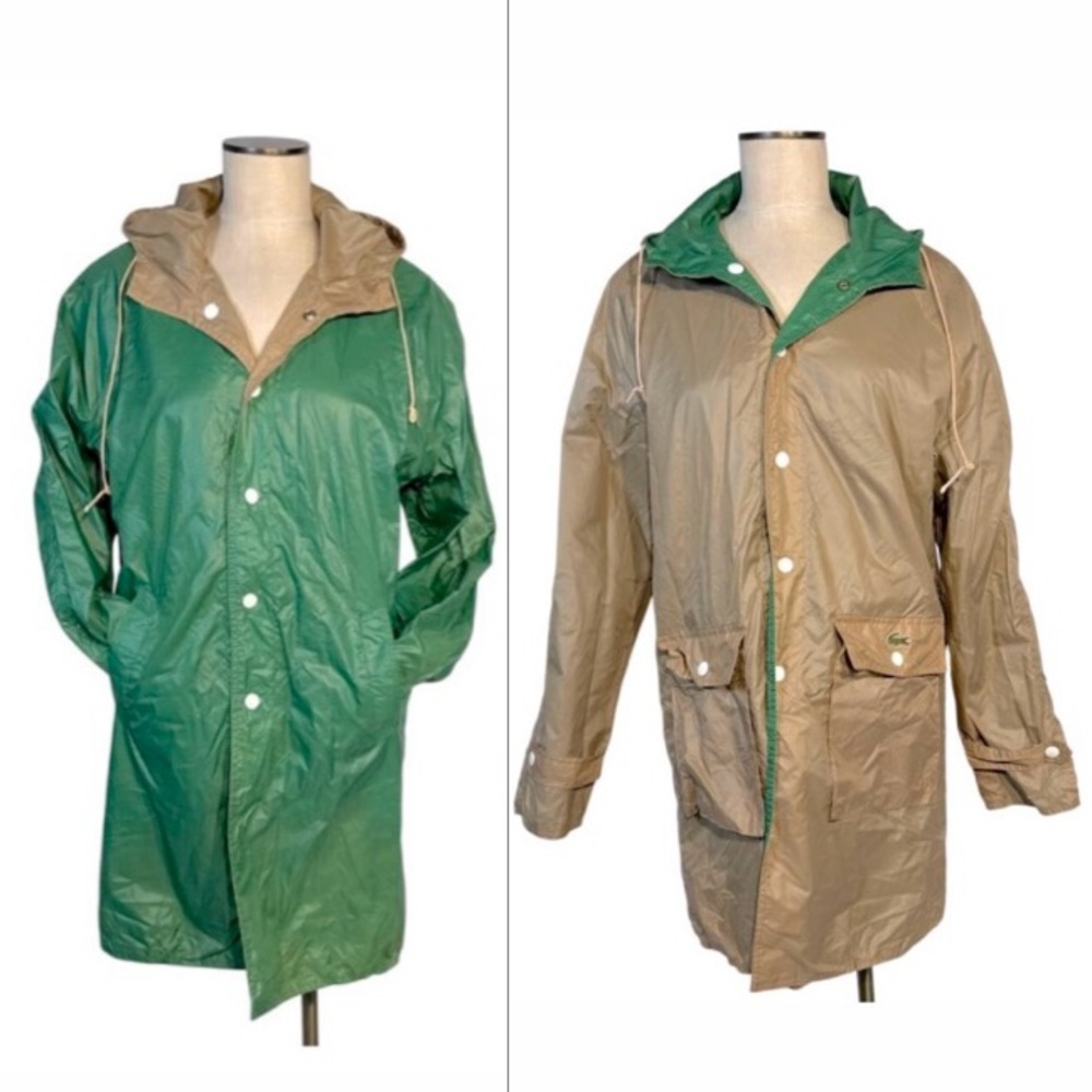 Lacoste Mens Reversible Raincoat Green & Beige Hooded Lightweight Jacket - L XL